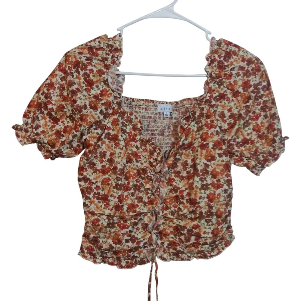 Kit & Sky Floral Ruffle Crop Top Neutral  Red and Brown Boho Size M
